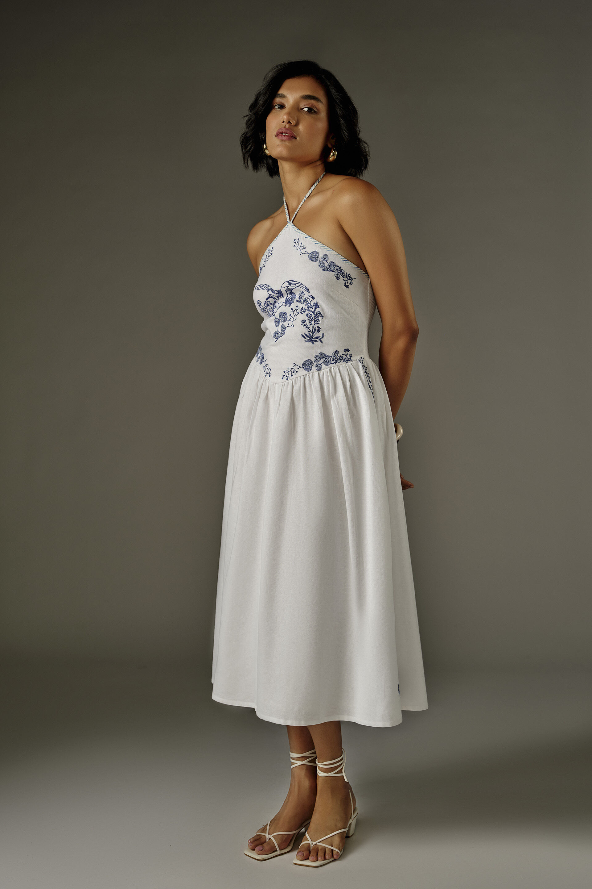 Halter Neckline Embroidered Midi Dress in White, White, image 2